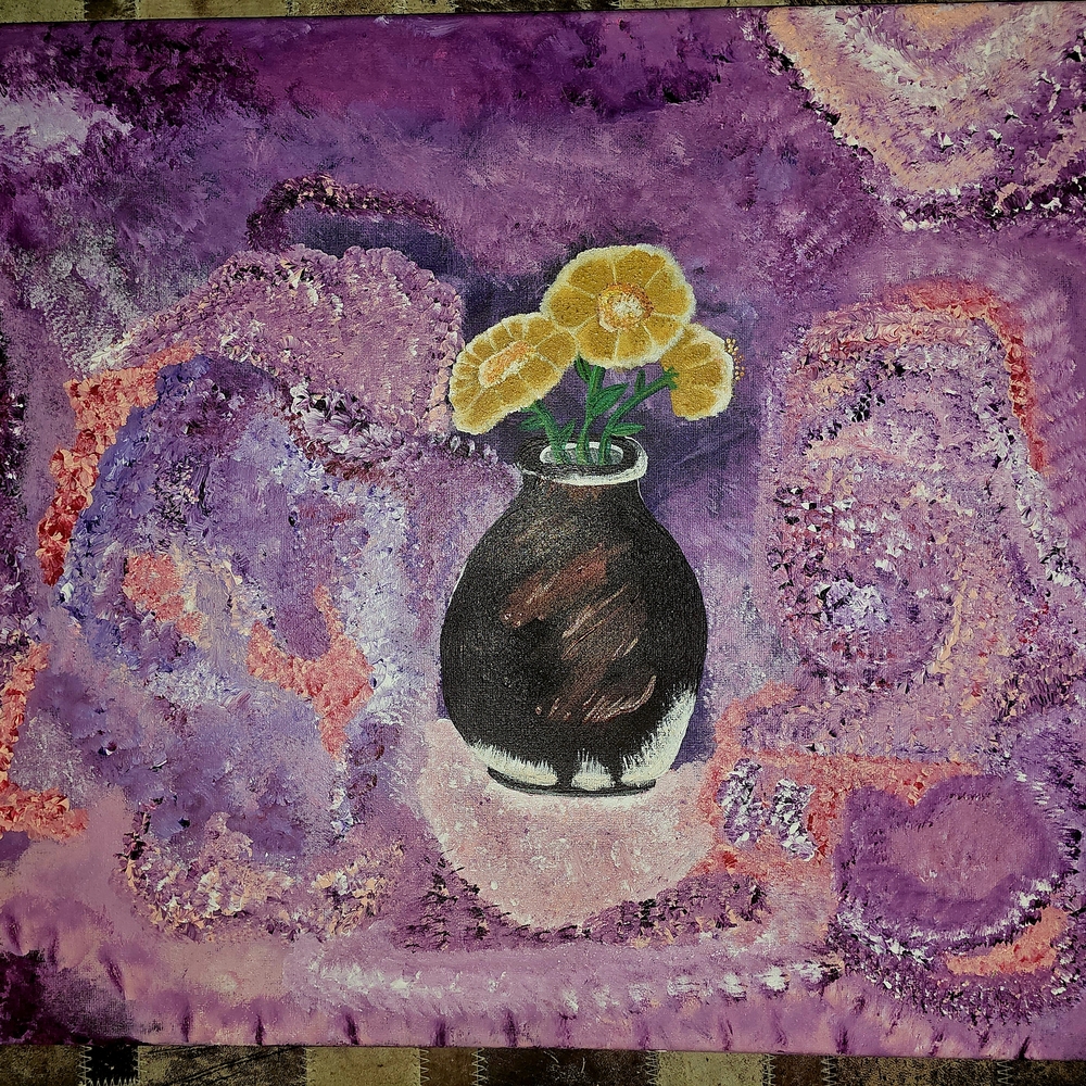 Abstract Purple and Yellow Floral Vase Painting